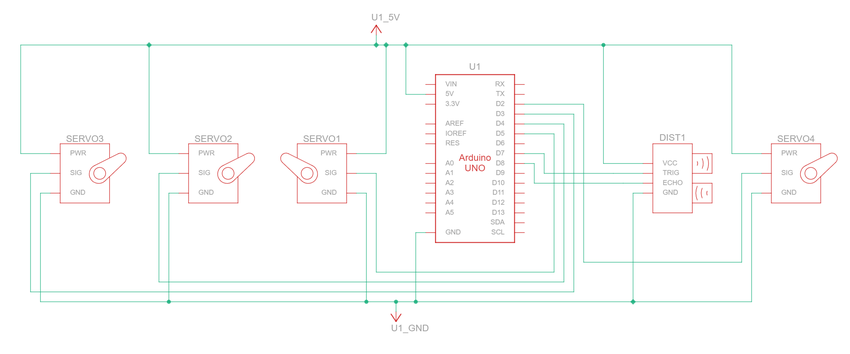 Circuit schematic for Arduino with ultrasonic sensor and four servo motors