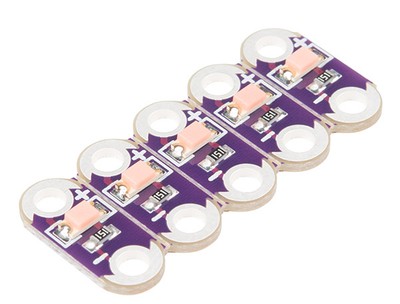 five surface-mount LEDs on small circuit boards with two sewable holes for the + and - connections