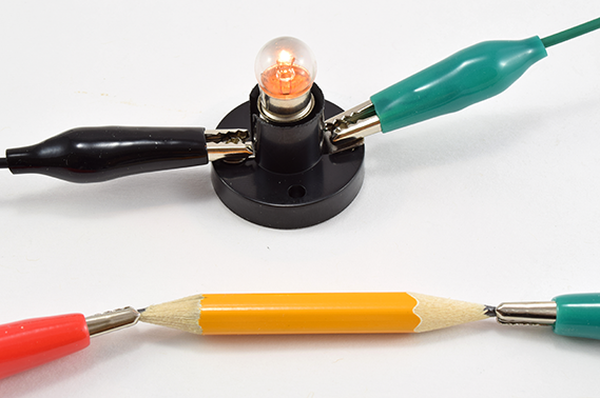 A circuit with a pencil sharpened at each end being used to explore resistance