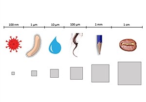 Relative sizes of different objects such as a virus, bacteria, mist water droplet, strand of hair, pencil tip and a coffee bean on a logarithmic scale from 100 nanometers to 1 centimeter.