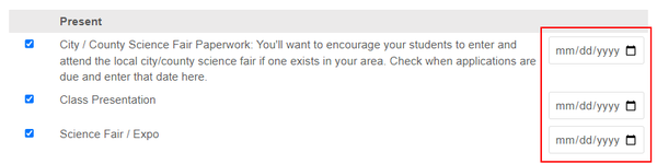 Enter date for class presentation and science fair Pathways screenshot