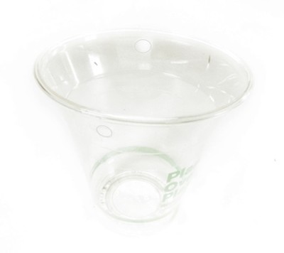 Plastic transparent cup with holes on opposite sides near the rim.