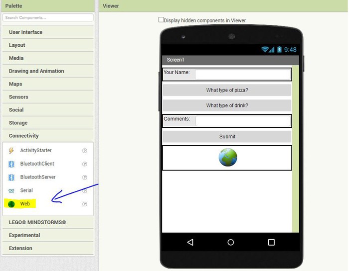 The Web component is listed under the connectivity list in the Designer mode of app Inventor.