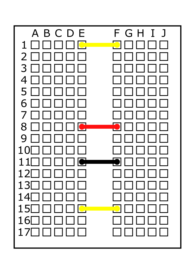 Connect the short yellow jumper wire from E15 