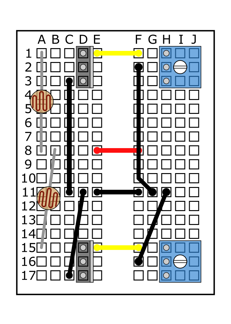  Insert the photoresistor's leads into B8 and A15 