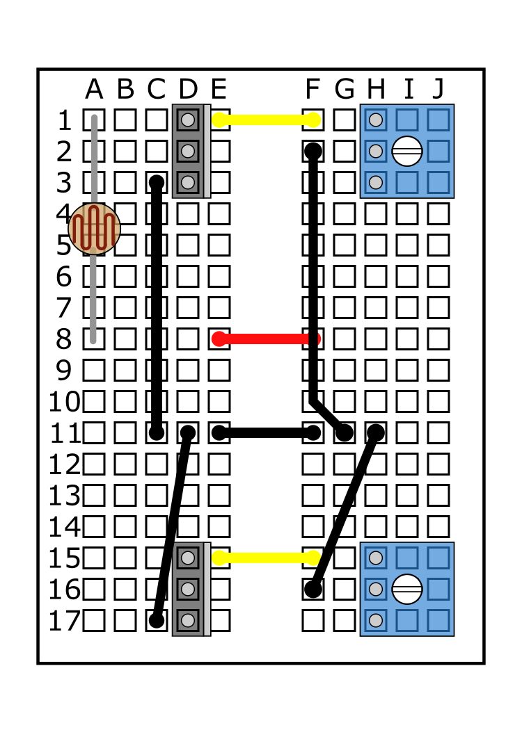 Insert the photoresistor's leads into A1 and A8.  
