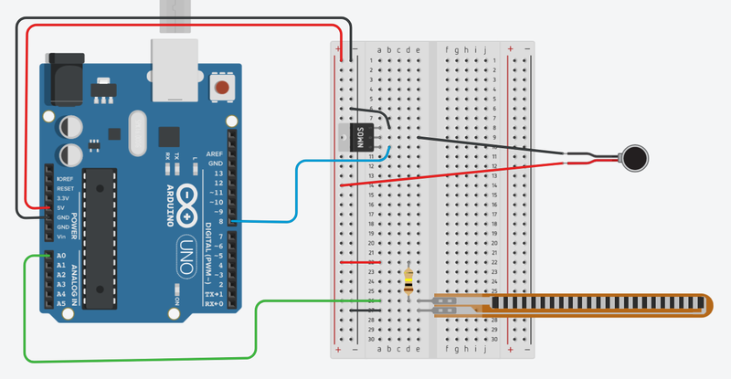 Breadboard diagram for the flex sensor and vibration motor circuit