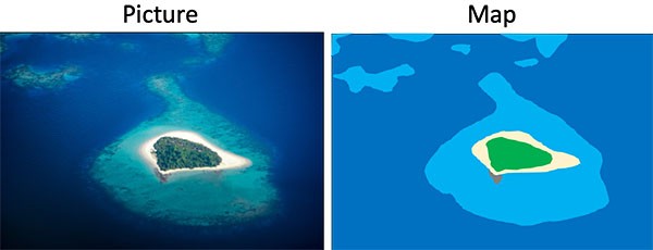  Aerial view of an island on the left picture and a 2-dimensional representation of the same island on a map on the right. 