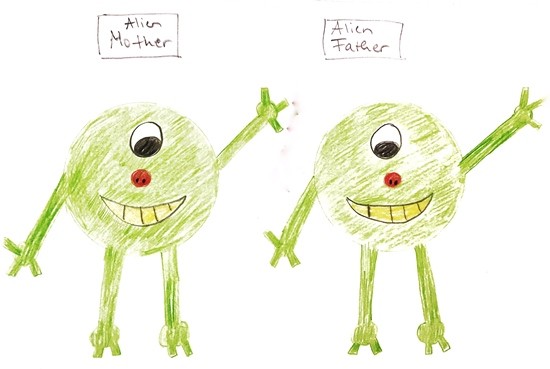  Drawing of two identical aliens with a round body, green skin color, two arms with three fingers, two legs with 2 toes, no ear, no hair, a round nose, and one big eye. 