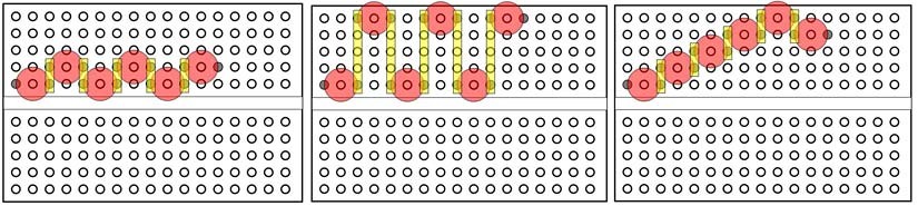 Three diagrams of six LEDs arranged in different patterns on a breadboard with the leads from each LED sharing a row