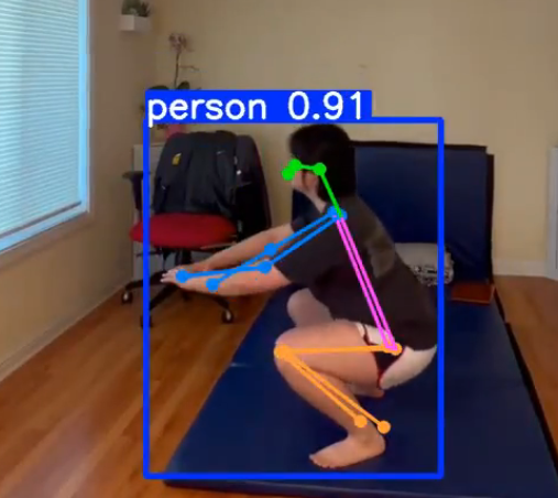 Computer vision of a multiple object tracking algorithm, showing mapping of keypoints, in this case joints, over the image of a human body.