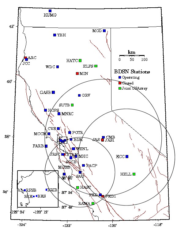 Diagram plots data from three stations on a map to locate the approximate epicenter of an earthquake