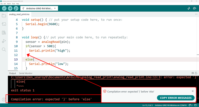 Screenshot in Arduino IDE showing syntax error with a missing bracket
