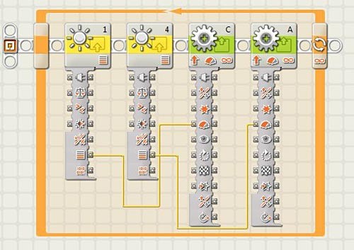 Blocks arranged in the LEGO NXT-G program connect one light sensor to each motor