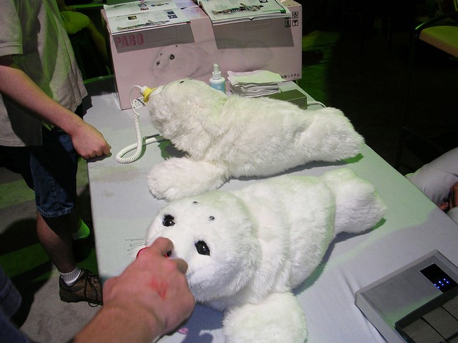 Two robot seals on a table with people standing nearby.