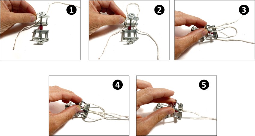 Five steps for tying a string through the clamp holding the sample strip.  