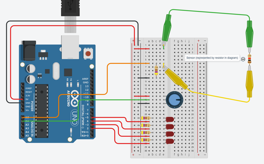 Breadboard diagram for connecting soft robotic stretch sensor to Arduino
