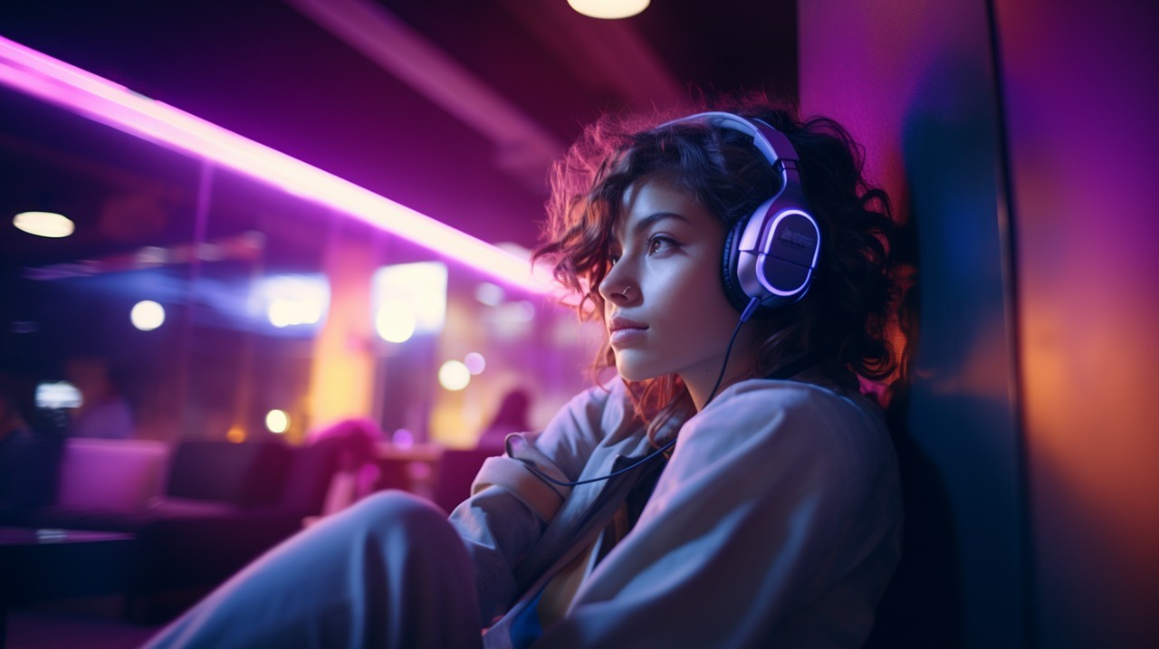 Image of a woman leaning against a wall and listening to music with headphones.