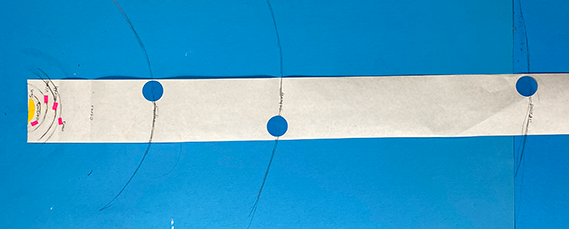 Sample strip of paper with solar system objects marked for pocket solar system
