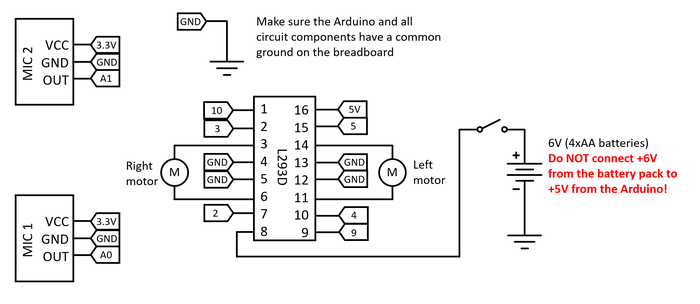Schematic for the circuit showing Arduino connections to the microphones and H-bridge