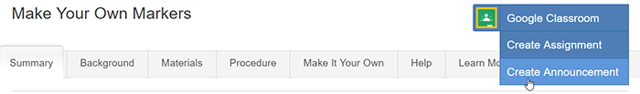 Cropped screenshot of a Create Announcement button highlighted on a project summary page on ScienceBuddies.org