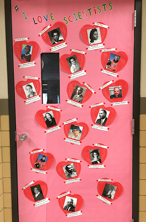 Classroom door decorated with pictures of scientists and engineers featured in Black History Month resource