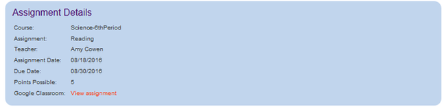 Cropped screenshot of details for an assignment posted in Google Classroom