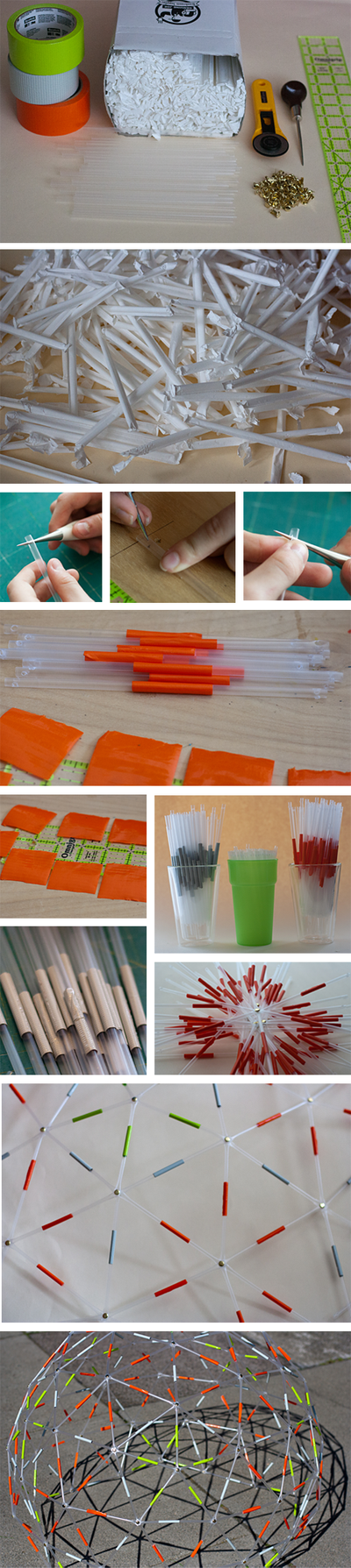 Group of photos showing steps of a family science project building a large geodesic dome from straws