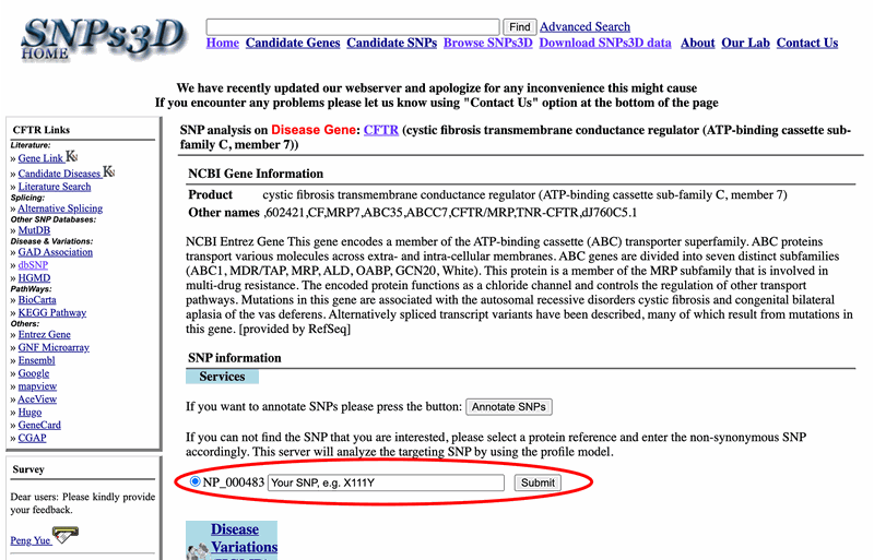 Screenshot of the SNPs3D gene page for CFTR