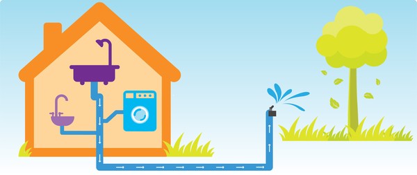  Drawing of home with sink, shower/bath and washing machine, pipe runs from the machines in the house to a sprinkler outside which is watering grass and a tree  