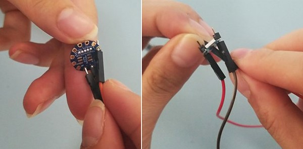 Male jumper wire, tinylily. Female jumper wire, LED board, and male header pins.