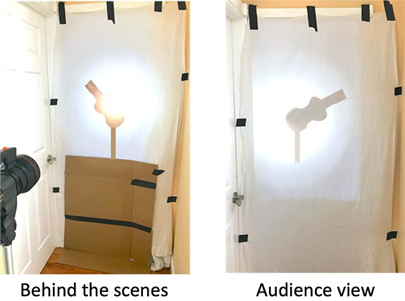 Backstage view (left) and audience view (right) of a white sheet taped into a door frame with a spotlight shining onto the screen and a piece of cardboard covering the bottom of the screen.