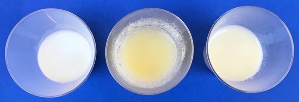 Three mini cups with regular milk, curdled milk, and non-curdled milk.