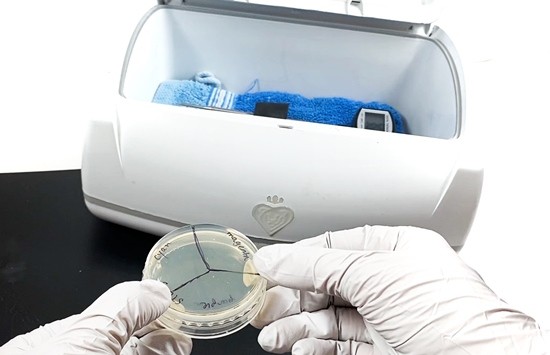 A person with gloved hands is holding a petri dish in front of an incubator.