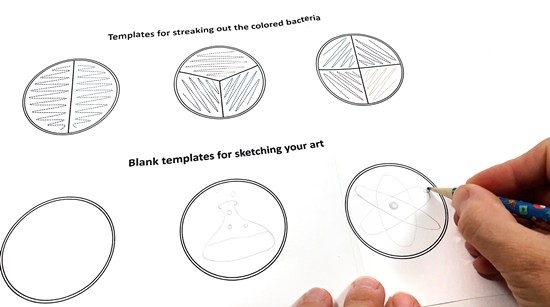 A person is making a pencil drawing inside a circle on a piece of paper.