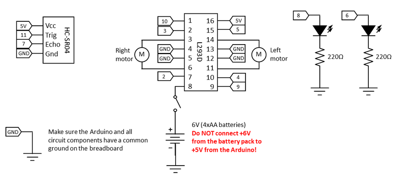 Circuit diagram for connecting the motors, ultrasonic sensor, and LEDs to the Arduino to build a self-driving robot car 