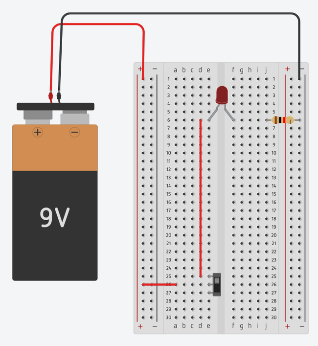 Breadboard diagram for circuit with battery, switch, LED, and resistor 