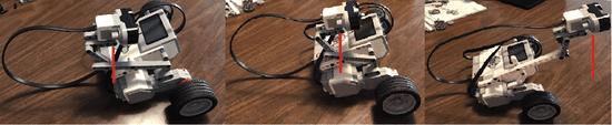 Three photos show the same table-top-sized plastic, wheeled robot with a sensor unit mounted above it at three locations, at the back of the robot, on top of the robot, and out in front of the robot.