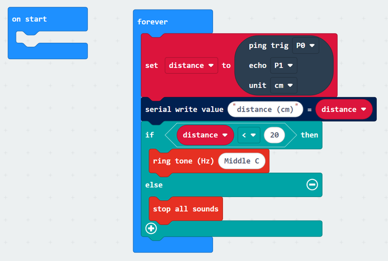 example microbit code to play a buzzing sound below a threshold distance