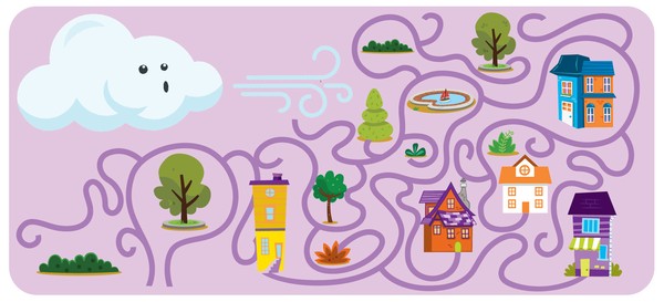 Cartoon wind blows on town with maze-like roads.