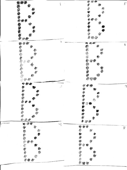 The letter B created on graph paper eight times by filling in specific squares