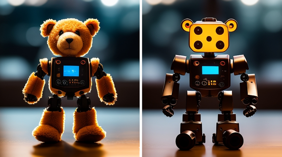 Two robots side by side, one is cute and stuffed and one is more machine-looking; images created by AI. Robots differ in appearance. How does this impact how we perceive them?
