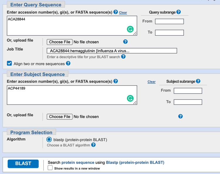 Screenshot of the search page for a two sequence alignment on the ncbi.nlm.nih.gov website. On the BLAST alignment page there are two boxes where users can fill in their query and subject sequences.