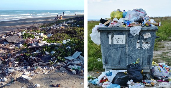 Garbage, mainly plastic, left at the side of a beach, and a garbage container overflowing with garbage, mainly plastic garbage.