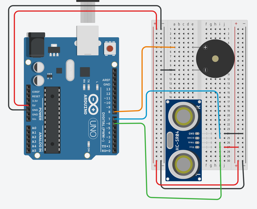 Breadboard diagram for Arduino ultrasonic sensor and buzzer