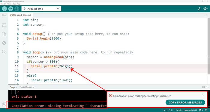 Screenshot in Arduino IDE showing syntax error with a missing quotation mark