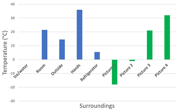 Example bar graph shows the temperature of five different locations and estimated temperature of four images
