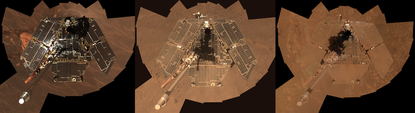 Three different self-portraits of the Mars rover Opportunity showing different amoutns of dust on teh solar panels