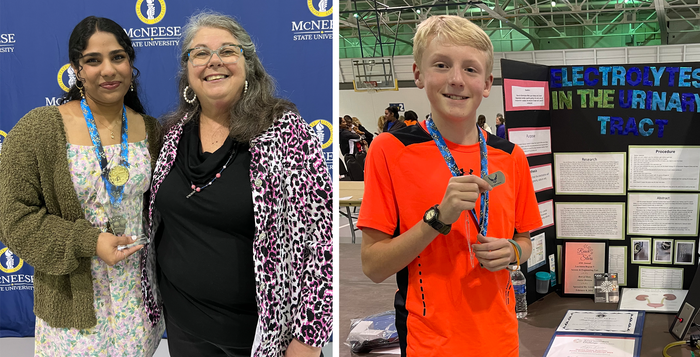 Judy Reeves and two students at the Science Fair