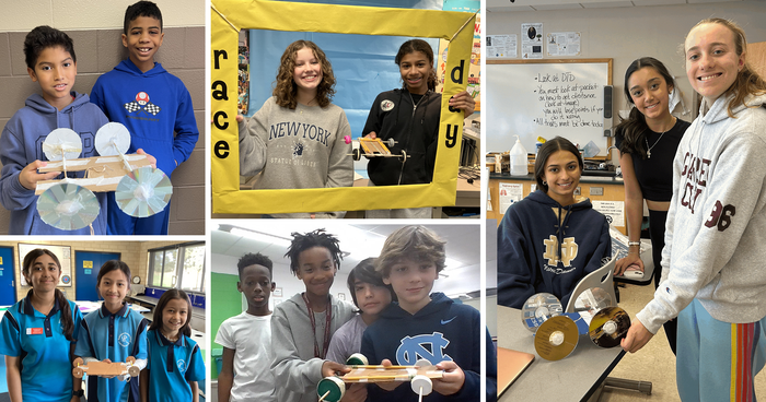 Students who entered the Rubber Band Car Challenge with the device they entered